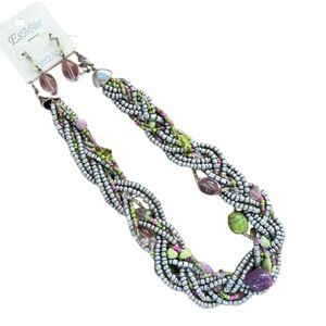 Braded Beaded Necklace and Earrings Esmor Grey Green Purple Retro